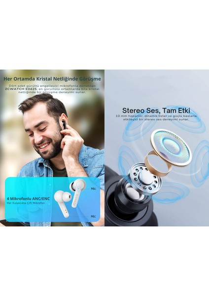 E0425 ANC/ENC Aktif Gürültü Engelleme 4 Mikr. Bluetooth 5.3 Tws Kulaklık, 470 Mah Wireless Şarj (ZCWATCH Türkiye Garantili)