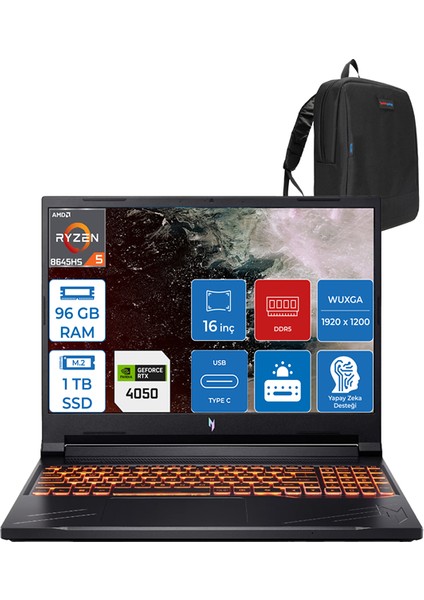 Nitro ANV16 Ryzen 5 8645HS 96GB Ddr5 1tb SSD 6GB/RTX4050/85W Freedos 16" Wuxga 165Hz Taşınabilir Bilgisayar NHQRVEYF26 + Zettausbbellek