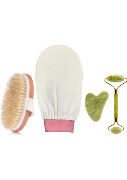 3'lü Set Banyo Duş Kesesi Peeling Eldiveni, Doğal At Kılı Fırçası Doğal Taş Yüz Bakım Taşı