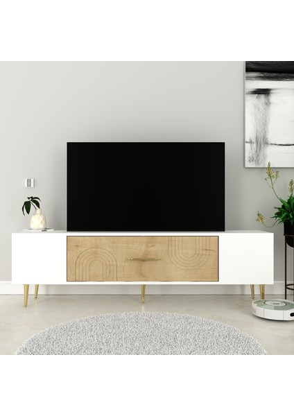 Valeria Tv Sehpası Tv Ünitesi Beyaz Safirmeşe Altın