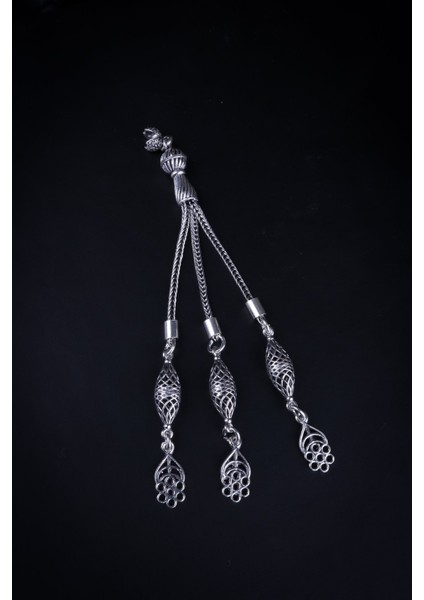 925 Ayar Gümüş Üç Sallantılı Vizyon Lale Detaylı Tesbih Püskülü