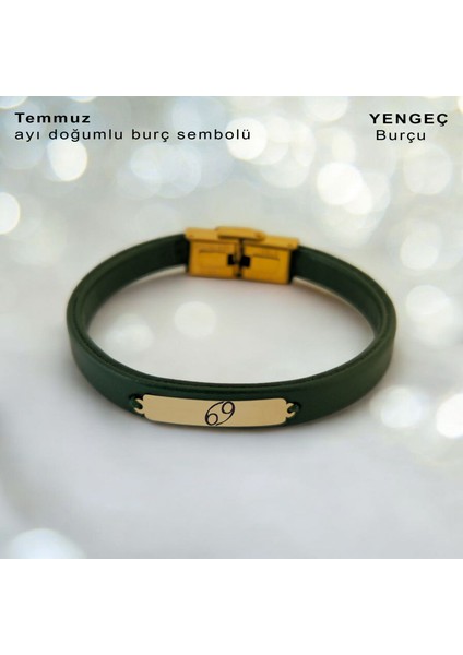 14 Ayar Altın Plakalı Yeşil Derili Erkekler İçin Dikdörtgen Motifli Doğum Ay Bilekliği-371
