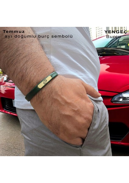 14 Ayar Altın Plakalı Yeşil Derili Erkekler İçin Dikdörtgen Motifli Doğum Ay Bilekliği-371 modelleri