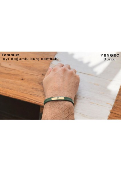 14 Ayar Altın Plakalı Yeşil Derili Erkekler İçin Dikdörtgen Motifli Doğum Ay Bilekliği-371 fırsatları