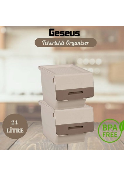 Tekerlekli Patateslik Soğanlık Oyuncak Kutusu Patateslik Soğanlık Sepeti 2X12LT Krem+Açık Kahve
