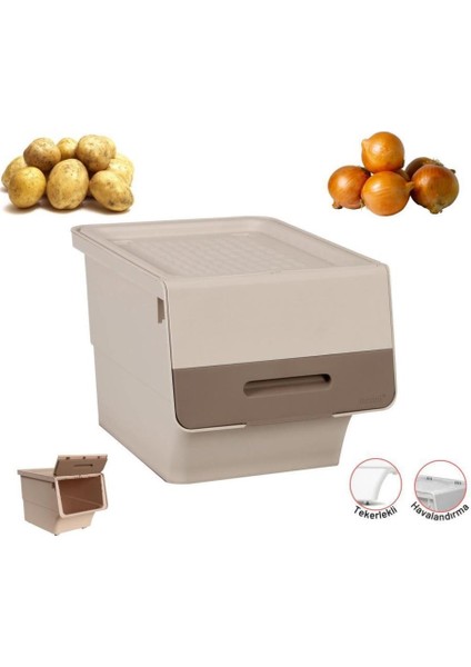 Tekerlekli Patateslik Soğanlık Oyuncak Kutusu Patateslik Soğanlık Sepeti 2X12LT Krem+Açık Kahve