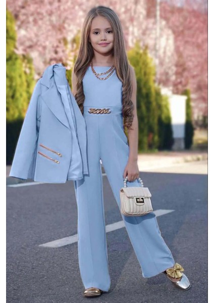 Kız Çocuk Blazer Ceket ve Zincir Detaylı Buz Mavisi Tulum
