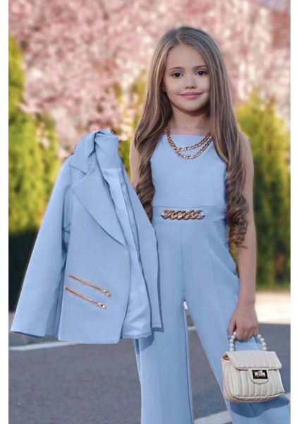 Kız Çocuk Blazer Ceket ve Zincir Detaylı Buz Mavisi Tulum