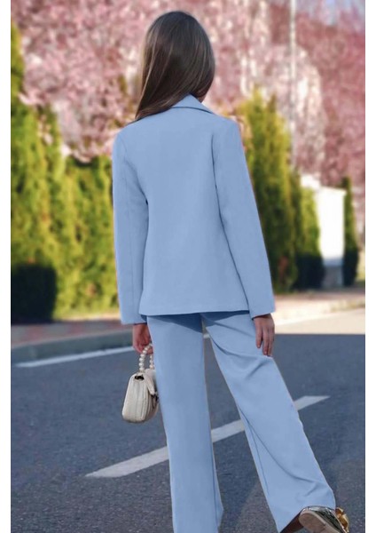 Kız Çocuk Blazer Ceket ve Zincir Detaylı Buz Mavisi Tulum