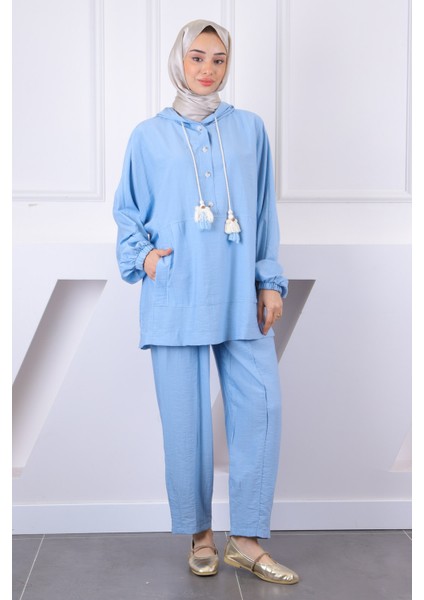 Bebe Mavi Kapşonlu Cepli Tunik Pantolonlu Takım