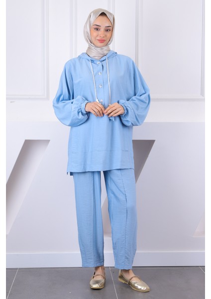 Bebe Mavi Kapşonlu Cepli Tunik Pantolonlu Takım fiyatları