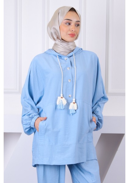 Bebe Mavi Kapşonlu Cepli Tunik Pantolonlu Takım fırsatları