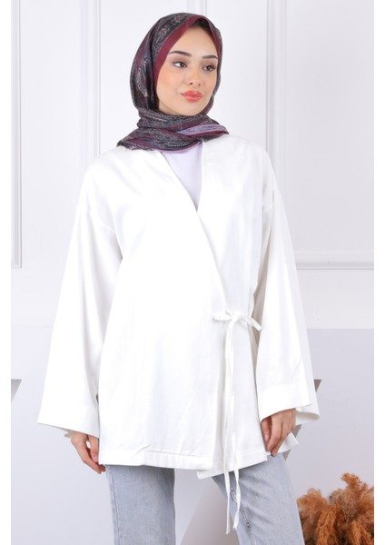 Beyaz Çapraz Bağlamalı Kimono