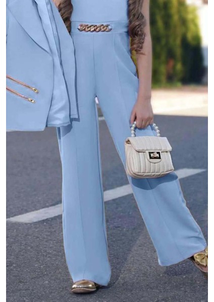 Kız Çocuk Blazer Ceket ve Zincir Detaylı Buz Mavisi Tulum