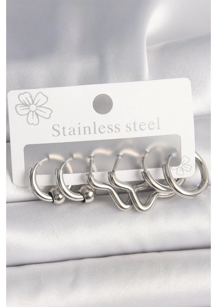 316L Çelik Gümüş Renk Halka Yıldız Model Kadın Küpe Seti