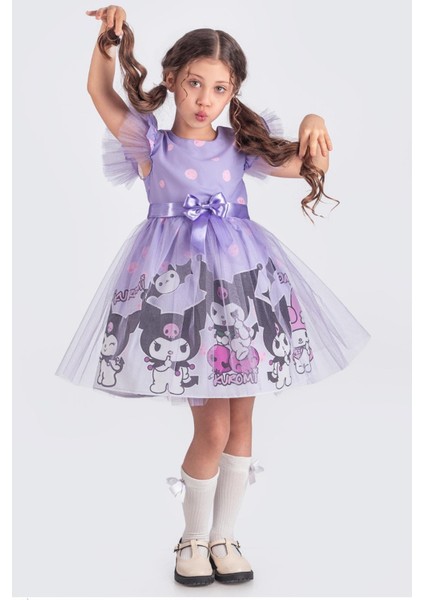 Omuz Detaylı Desenli Tüllü Kız Çocuk Elbise