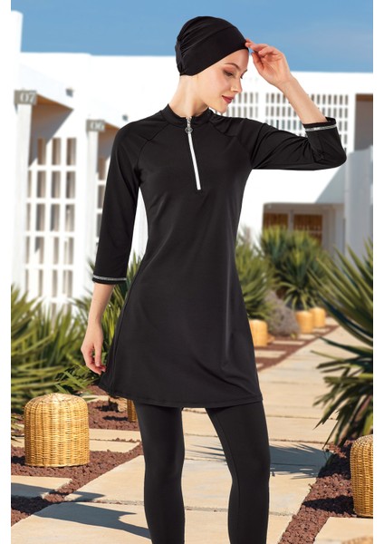 Kısa Kollu Taytlı Likralı Truvakar Kol Yarı Kapalı Mayo 2600 Siyah