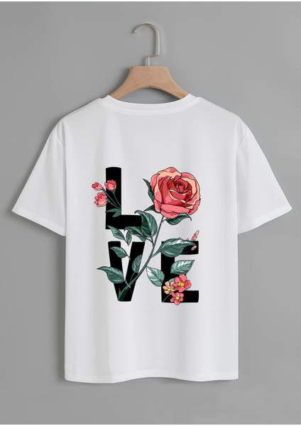 Unisex Oversize Bisiklet Yaka Rose Love Baskılı Basic T-Shirt -Beyaz