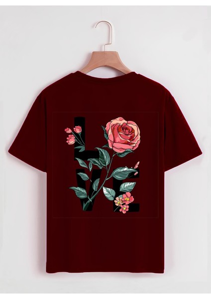 Unisex Oversize Bisiklet Yaka Rose Love Baskılı Basic T-Shirt - Bordo