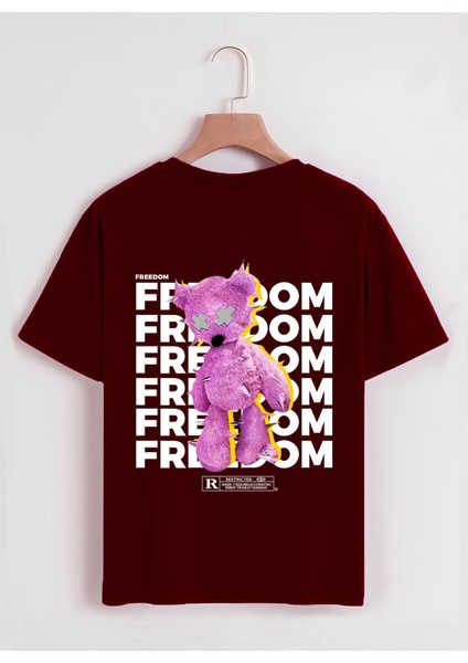 Unisex Oversize Bisiklet Yaka Freedom Baskılı Basic T-Shirt - Bordo