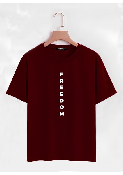 Unisex Oversize Bisiklet Yaka Freedom Baskılı Basic T-Shirt - Bordo fiyatları
