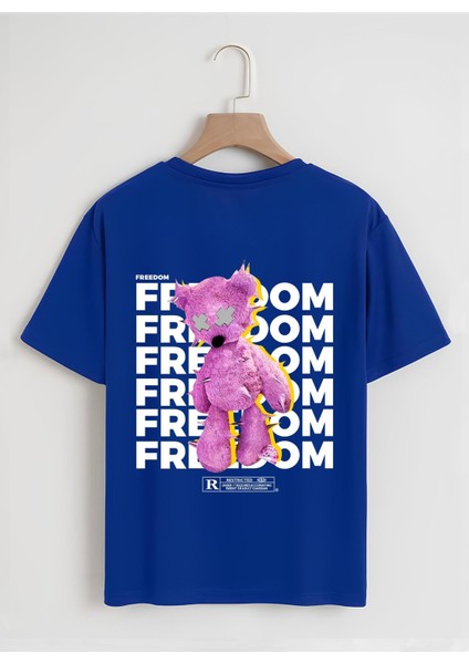 Unisex Oversize Bisiklet Yaka Freedom Baskılı Basic T-Shirt - Saks Mavisi