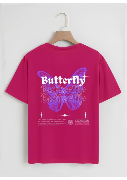 Unisex Oversize Bisiklet Yaka Butterfly Baskılı Basic T-Shirt - Fuşya