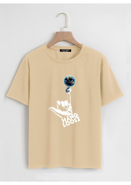 Unisex Oversize Bisiklet Yaka Hang Loose Baskılı Basic T-Shirt - Bej