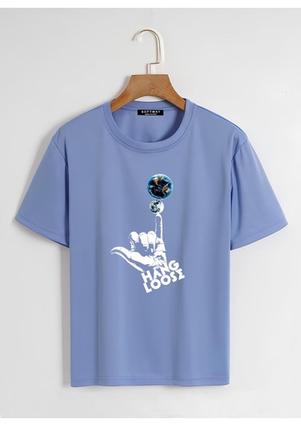 Unisex Oversize Bisiklet Yaka Hang Loose Baskılı Basic T-Shirt – Mavi