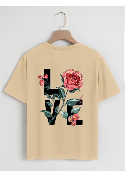 Unisex Oversize Bisiklet Yaka Rose Love Baskılı Basic T-Shirt - Bej