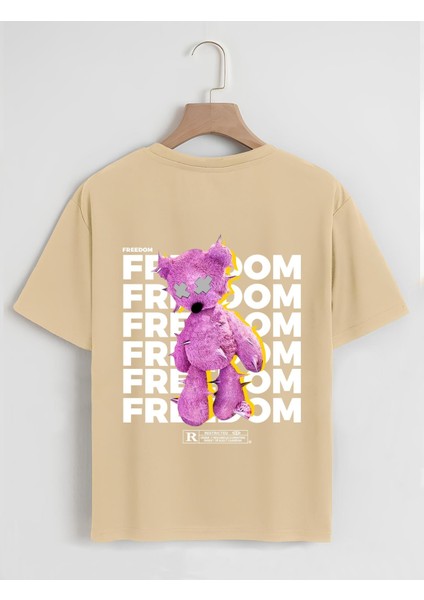 Unisex Oversize Bisiklet Yaka Freedom Baskılı Basic T-Shirt - Bej