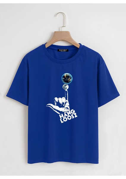 Unisex Oversize Bisiklet Yaka Hang Loose Baskılı Basic T-Shirt - Saks Mavisi