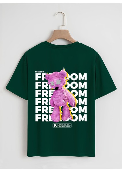 Unisex Oversize Bisiklet Yaka Freedom Baskılı Basic T-Shirt - Koyu Yeşil
