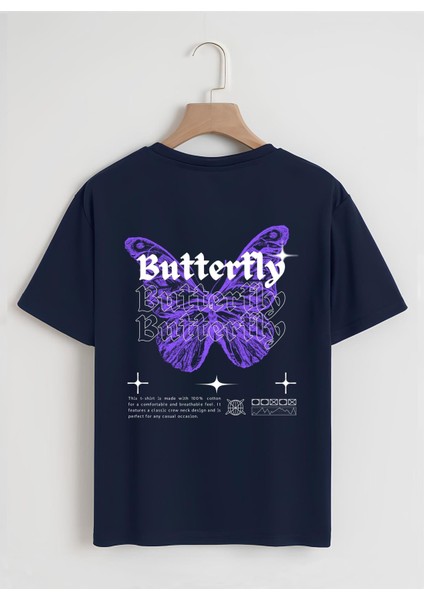 Unisex Oversize Bisiklet Yaka Butterfly Baskılı Basic T-Shirt - Lacivert