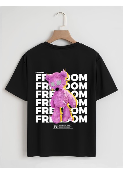 Unisex Oversize Bisiklet Yaka Freedom Baskılı Basic T-Shirt - Siyah