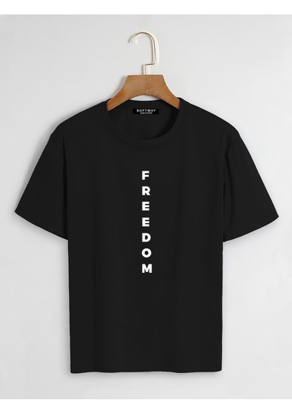 Unisex Oversize Bisiklet Yaka Freedom Baskılı Basic T-Shirt - Siyah fiyatları