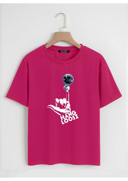 Unisex Oversize Bisiklet Yaka Hang Loose Baskılı Basic T-Shirt - Fuşya