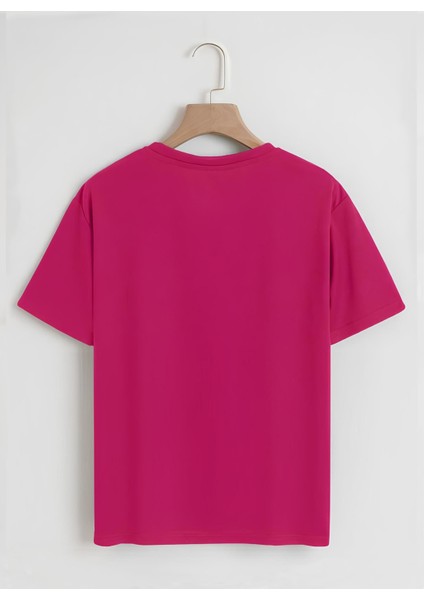 Unisex Oversize Bisiklet Yaka Hang Loose Baskılı Basic T-Shirt - Fuşya fiyatları