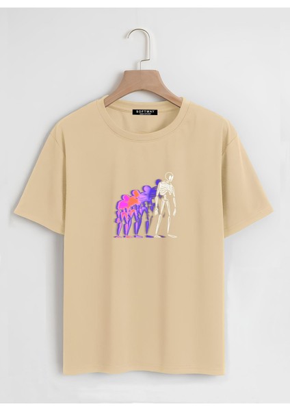 Unisex Oversize Bisiklet Yaka Colorful Skeleton Baskılı Basic T-Shirt - Bej