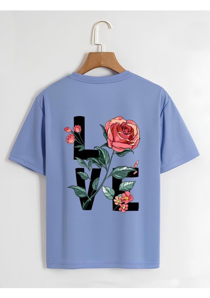 Unisex Oversize Bisiklet Yaka Rose Love Baskılı Basic T-Shirt - Mavi
