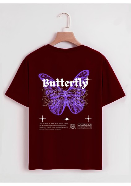 Unisex Oversize Bisiklet Yaka Butterfly Baskılı Basic T-Shirt - Bordo
