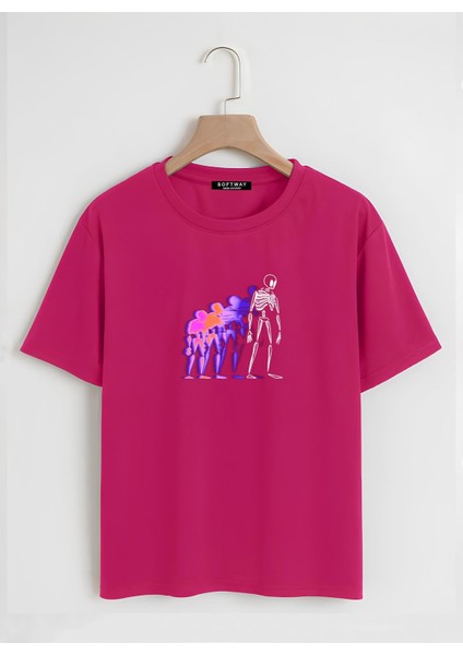 Unisex Oversize Bisiklet Yaka Colorful Skeleton Baskılı Basic T-Shirt - Fuşya