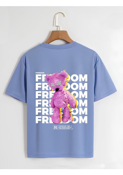 Unisex Oversize Bisiklet Yaka Freedom Baskılı Basic T-Shirt - Mavi