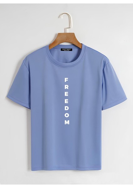 Unisex Oversize Bisiklet Yaka Freedom Baskılı Basic T-Shirt - Mavi fiyatları