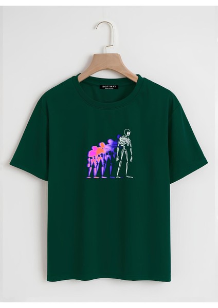 Unisex Oversize Bisiklet Yaka Colorful Skeleton Baskılı Basic T-Shirt - Koyu Yeşil