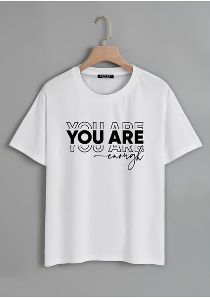 Unisex Oversize Bisiklet Yaka You Are Baskılı Basic T-Shirt - Beyaz