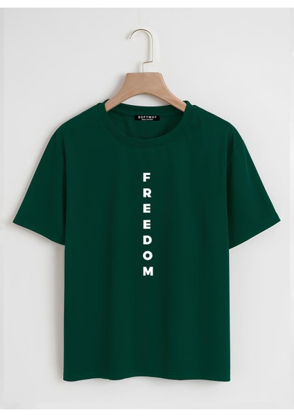 Unisex Oversize Bisiklet Yaka Freedom Baskılı Basic T-Shirt - Koyu Yeşil fiyatları
