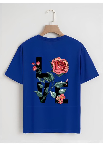 Unisex Oversize Bisiklet Yaka Rose Love Baskılı Basic T-Shirt - Saks Mavisi
