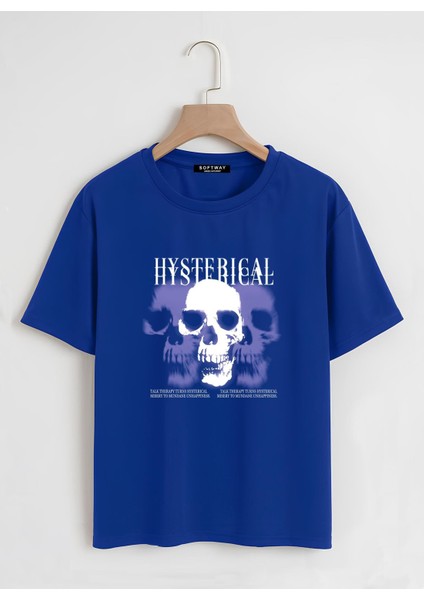 Unisex Oversize Bisiklet Yaka Hysterigal Baskılı Basic T-Shirt - Saks Mavisi