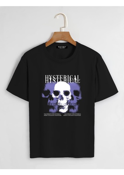 Unisex Oversize Bisiklet Yaka Hysterigal Baskılı Basic T-Shirt - Siyah